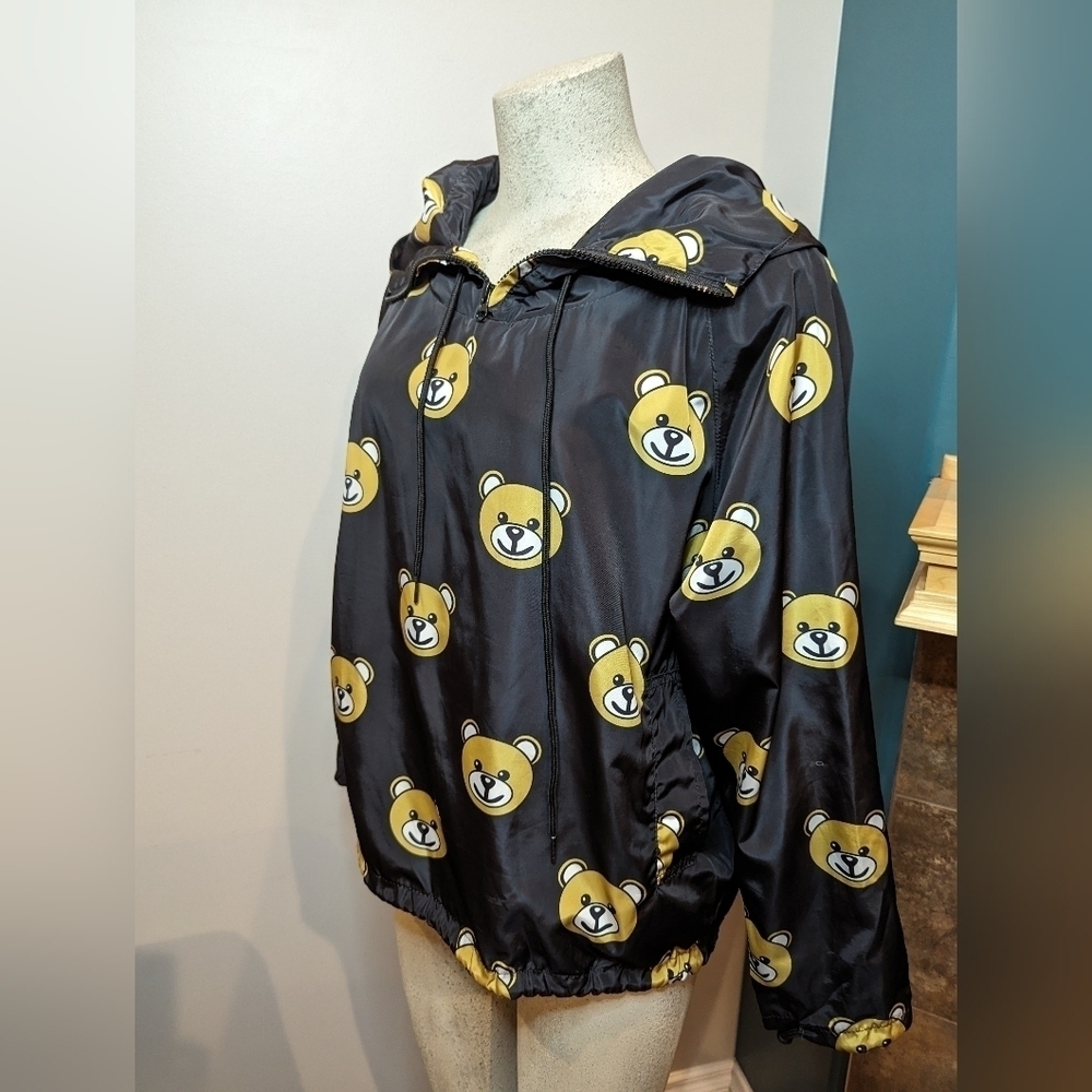 Teddy Bear Jacket Black With Bear Print And Hood OS- large Raincoat
